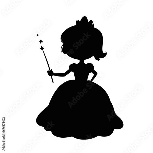 Vector illustration of a cartoon silhouette of a man, woman, and child with a princess and fairy