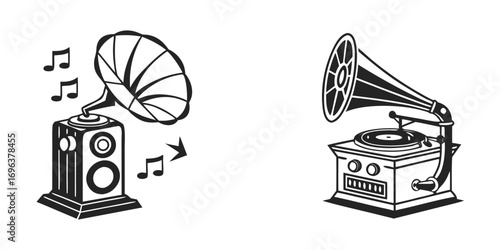 Vintage Gramophone and Speaker with Music Notes