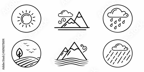 Weather Icons Collection: Sun, Mountains, Rain, Nature