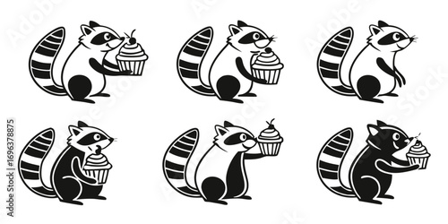 Adorable Raccoon Characters Holding Sweet Cupcakes