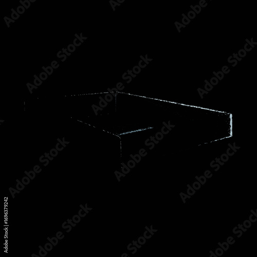 Minimalist design of a rectangular object in a dark background with subtle lighting effects highlighting its edges