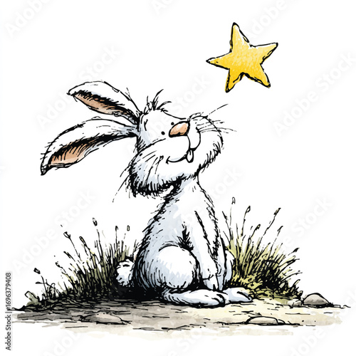 Adorable White Bunny Gazing at a Bright Yellow Star Illustration for Childrens Books and Nursery Art