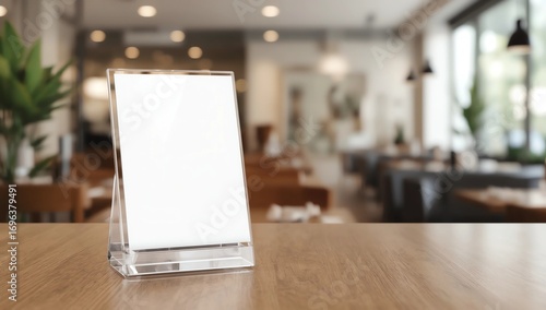 Mock up Menu frame standing on wood table in Bar restaurant cafe. space for text