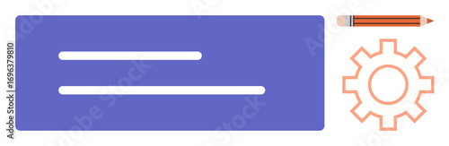 Gear, red pencil, and text lines representing writing, creativity, workflow, development, innovation, productivity planning. Ideal for design education strategy organization teamwork simple