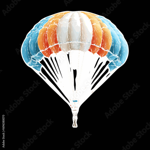 Colorful parachute descending from the sky during a skydiving event in a sunny location