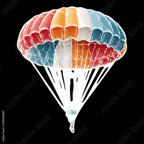 Colorful parachute descending during an outdoor skydiving event at sunset in a clear sky above a scenic landscape