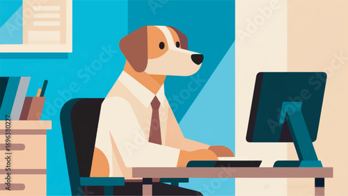 illustration of a dog working in the office vector design template