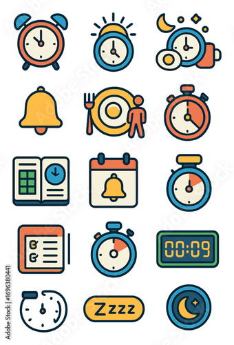 Daily Routine icons in modern flat vector style in minimalistic vibrant color design: alarm clock, morning time icon, evening clock, lunch break clock