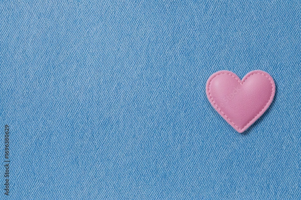 Obraz premium Soft blue jean fabric featuring a felt heart patch. Horizontal denim texture in blue with a heart-shaped textile accent. Romantic themed denim background with space for writing.