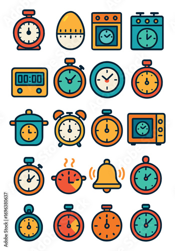 Cooking Timers icons in modern flat vector style in minimalistic vibrant color design: kitchen timer, egg timer, oven timer, stovetop clock, digital