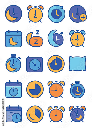 Sleep Tracking icons in modern flat vector style in minimalistic vibrant color design: bedtime clock, wake-up alarm, sleep cycle timer, relaxation
