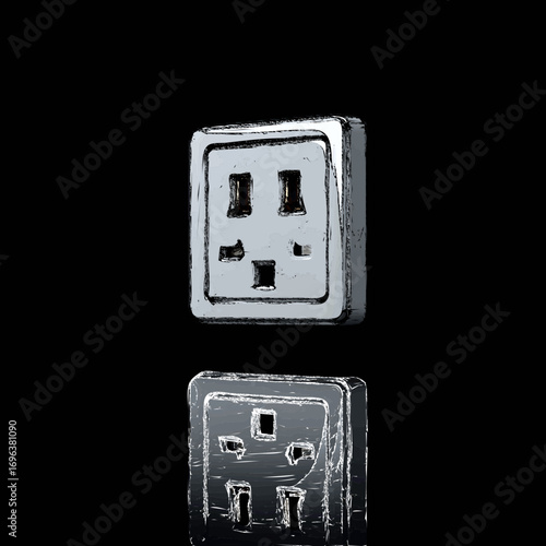 Metallic electrical outlet in a dark setting reflecting from the surface with a smooth design captured in detail