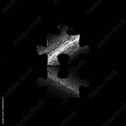 Puzzle piece featuring a keyhole design with reflective texture creating an intriguing visual contrast against a dark background