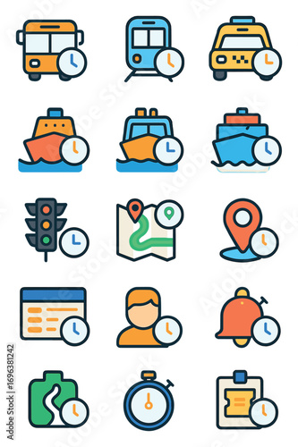 Transportation Timing icons in modern flat vector style in minimalistic vibrant color design: bus schedule clock, train departure clock, metro timer,