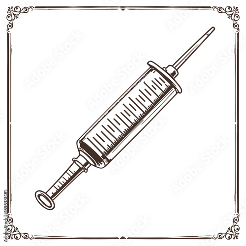 Antique hypodermic syringe vector illustration with a needle on an isolated white background