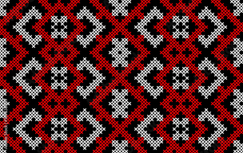 Traditional Ukrainian Embroidery Seamless Pattern – Red and Black Cross-Stitch Geometric Ornament, Ethnic Folk Textile Design, Vector Background for Fabric, Clothing, Wallpapers, Decorative Projects
