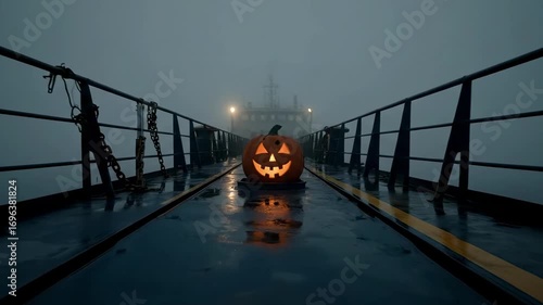 halloween background - A spooky Halloween scene on a foggy ship deck featuring a carved pumpkin with a mischievous grin, surrounded by mist, creating an eerie atmosphere for a festive celebration