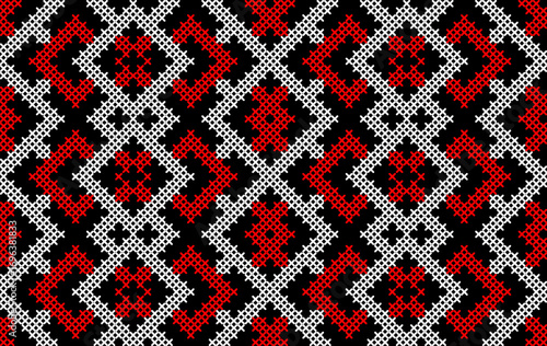 Traditional Ukrainian Embroidery Seamless Pattern – Red and Black Cross-Stitch Geometric Ornament, Ethnic Folk Textile Design, Vector Background for Fabric, Clothing, Wallpapers, Decorative Projects