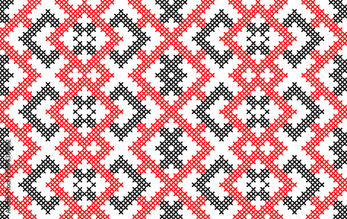 Traditional Ukrainian Embroidery Seamless Pattern – Red and Black Cross-Stitch Geometric Ornament, Ethnic Folk Textile Design, Vector Background for Fabric, Clothing, Wallpapers, Decorative Projects