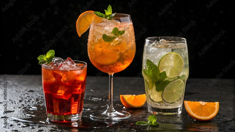 Fototapeta premium Three vibrant cocktails — Aperol Spritz, Mojito, and Negroni — are beautifully arranged on a dark, wet surface with bright garnishes of citrus and mint. Shot from above, the composition highlights the
