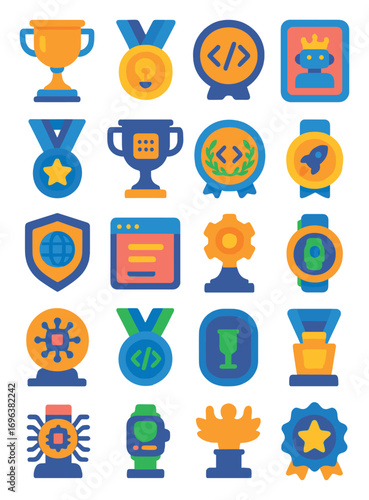 Technology Awards icons in modern flat vector style in minimalistic vibrant color design: tech trophy cup, innovation medal, programming badge, AI