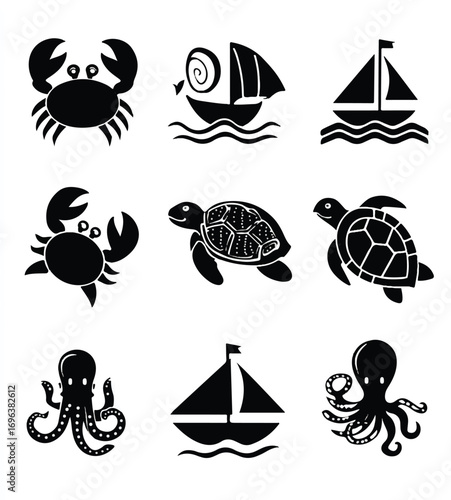 Black and white sea creatures vector icons including crabs turtles octopuses and sailboats perfect for nautical themes