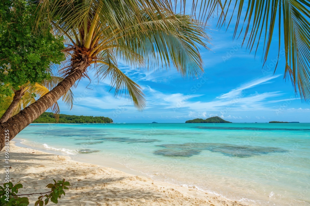 Naklejka premium Tropical shoreline scene with water, sky, sand, and trees under a summer travel theme