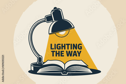 A vector illustration of a desk lamp illuminating an open book with the text lighting the way