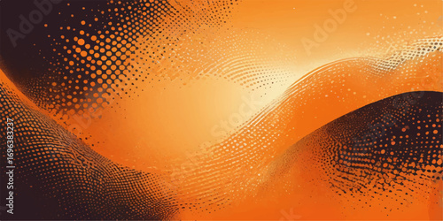 Vector illustration of an orange background with a bright yellow halftone pattern, a wave of decorative dots, and a curved line design
