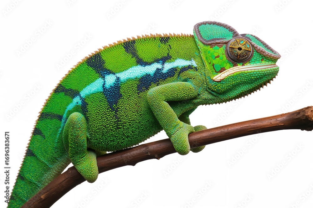 Obraz premium Colorful panther chameleon grips a twig, displaying vivid green and blue skin patterns.