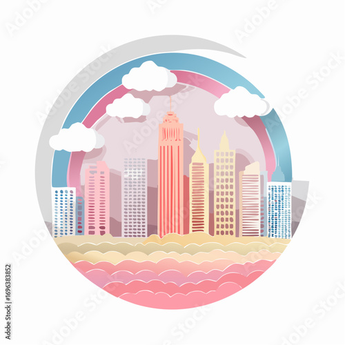 A whimsical cityscape illustration in a paper cutout style, featuring pastel-colored skyscrapers, fluffy clouds, and a gentle rainbow within a circular frame.