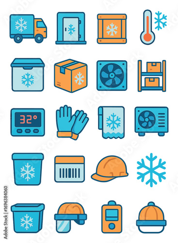 Cold Storage icons in modern flat vector style in minimalistic vibrant color design: refrigerated truck, cold room, insulated crate, ice thermometer,