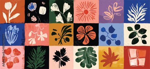 Botanical pattern design with abstract floral shapes in colorful square tiles background image style illustration