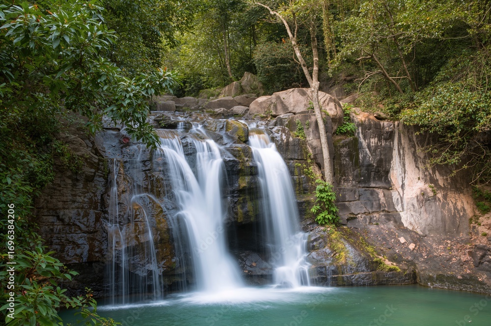 Fototapeta premium Waterfall flowing over rocks in a forest wildlife reserve (Long-exposure photography) No.1