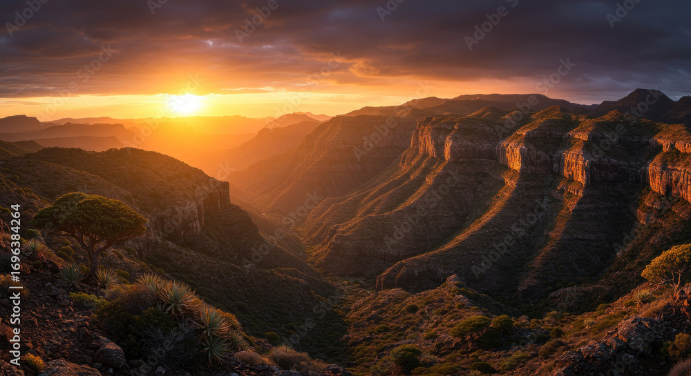 Fototapeta premium Sunrise over rugged sundrenched canyons with sparse vegetation
