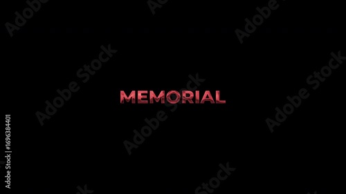 Word memorial in reflective text against a dark background, suitable for somber design projects, remembrance themes, memorial announcements, and tribute displays. 4k alpha channel