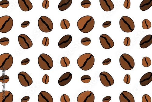 Seamless vector pattern of coffee beans in brown shades. Hand-drawn roasted coffee bean illustration, perfect for café design, packaging, wallpaper, textile, and coffee-themed projects