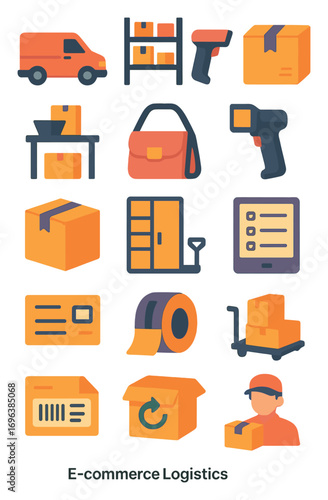 E-commerce Logistics icons in modern flat vector style in minimalistic vibrant color design: delivery van, warehouse shelves, barcode scanner, sealed