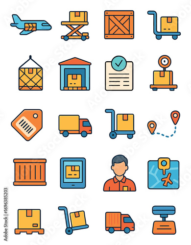 Air Freight icons in modern flat vector style in minimalistic vibrant color design: cargo plane, runway loader, sealed crate, pallet dolly, freight