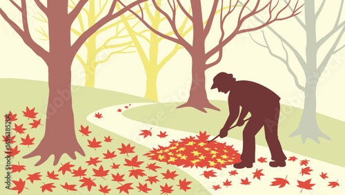 Person Collecting Fallen Leaves Vector Illustration