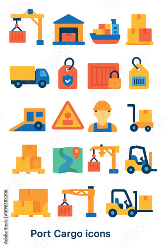 Port Cargo icons in modern flat vector style in minimalistic vibrant color design: container crane, dock warehouse, shipping vessel, cargo pallet,