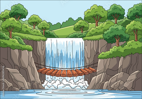 Vector art of a beautiful cartoon waterfall cascades down rocky cliffs into a river, with a wooden bridge crossing the water and lush green trees on the surrounding hills