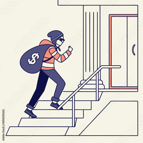 A masked burglar wearing a striped shirt and beanie carries a money bag up stairs towards a building entrance