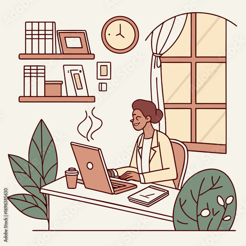 A happy woman working on her laptop at a desk with plants and books in a cozy home office setting