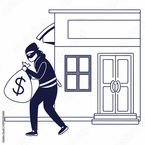 A masked burglar wearing dark clothing flees a building carrying a large sack filled with money