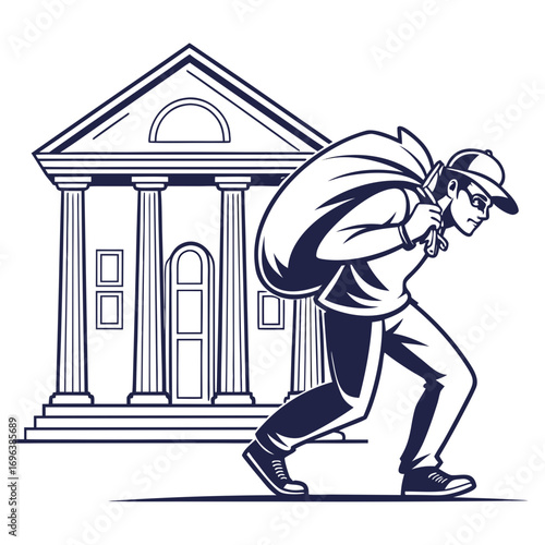 A masked thief carrying a large sack of stolen goods over his shoulder escapes from a classical building