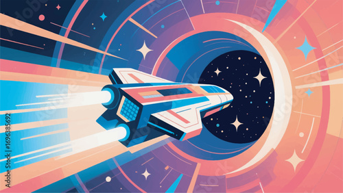 illustration of a spaceship passing through a black hole vector design template