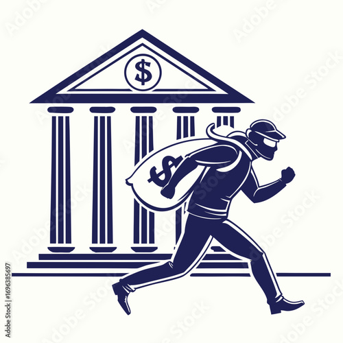 A masked thief wearing a cap runs away from a bank building carrying a large sack of money