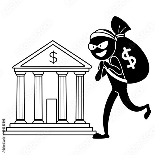 Cartoon thief wearing a mask and carrying a large money bag full of cash running away from a bank