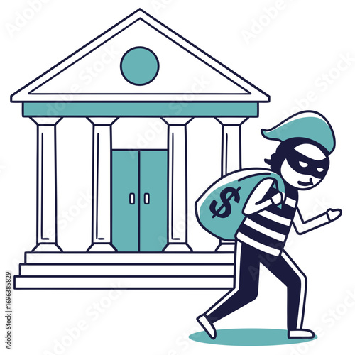 Cartoon thief wearing a mask and striped shirt carrying a bag of money escaping from a bank